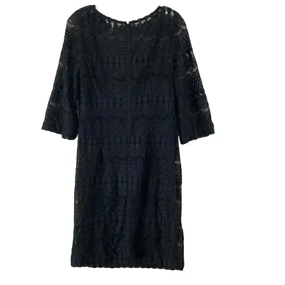 Chico's Women’s Black Embroidered Lace Overlay 3/4 Sleeve Shift Dress Sz 1 (8) - Picture 2 of 6